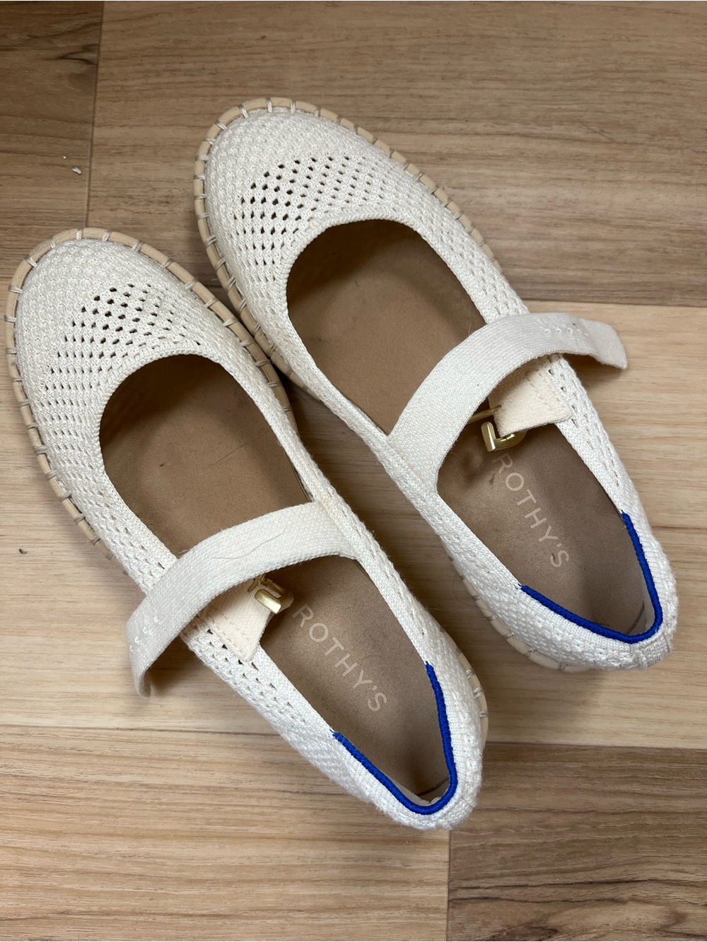 Rothy's Cream Knit Mary Jane Flats with Blue Trim - Picture 2 of 2